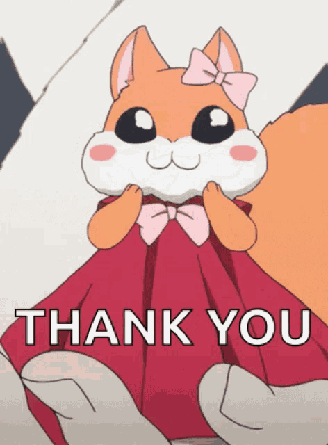 a cartoon squirrel with a pink bow on its head and the words thank you