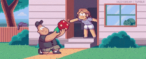 a pixel art drawing of a man giving a woman a flower