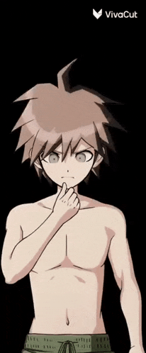 a shirtless anime character from danganronpa is standing in front of a black background with his hand on his chin .
