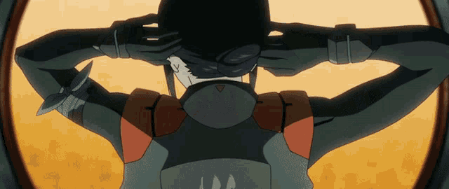 a cartoon character with a triangle on the back of his jacket