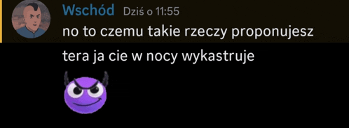 a purple smiley face with horns and the words wschód dziś o 11:55