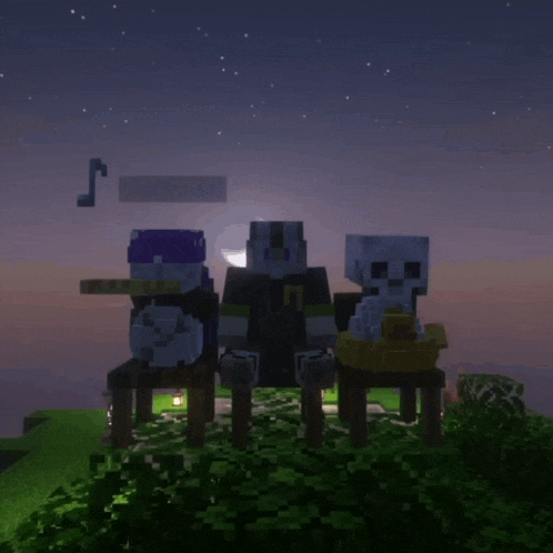 three minecraft characters are sitting on a bench with a sign that says tallush