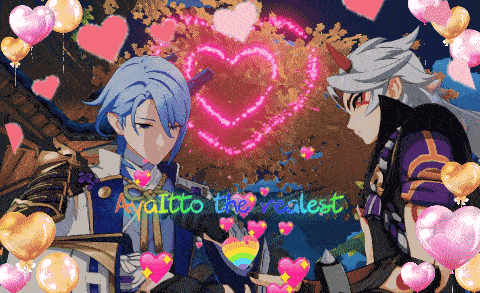 two anime characters are surrounded by balloons and hearts and the words " atto the greatest " are on the bottom