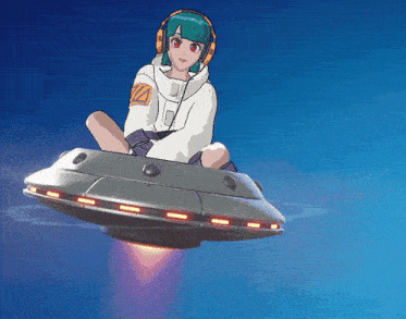 a girl with green hair is sitting on top of a spaceship