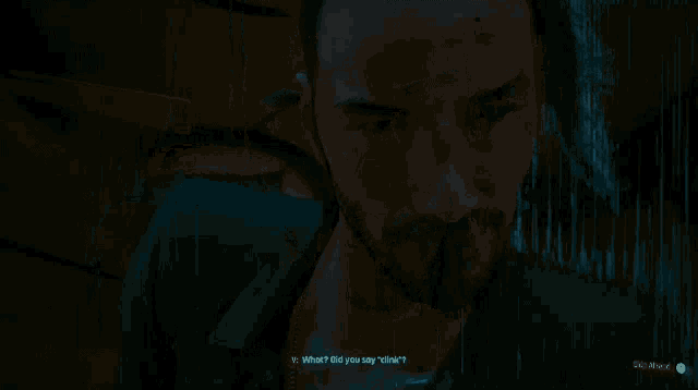 a video game screen shows a man with his eyes closed and says johnny 's mom sound of her attaching her leash