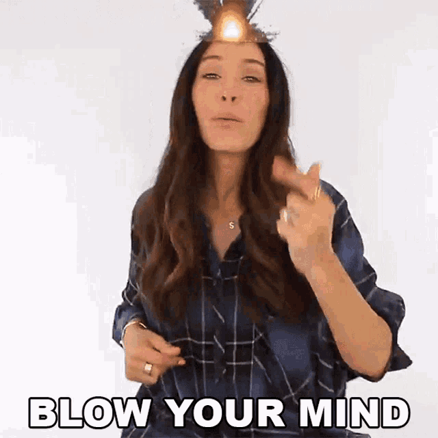 a woman blows her mind with a feather on her head