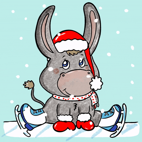 a donkey wearing a santa hat and scarf sits in the snow