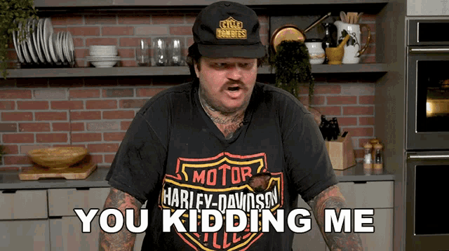 a man wearing a harley davidson t-shirt says " you kidding me "