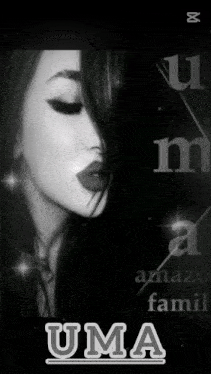 a black and white photo of a woman with the name uma at the bottom