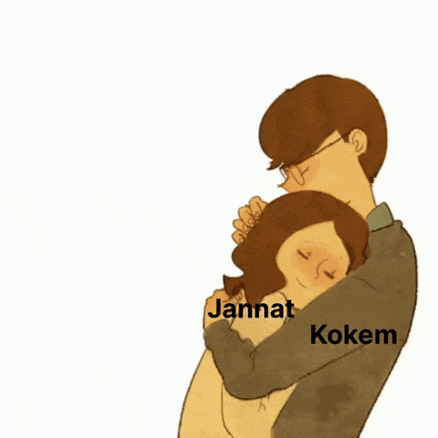 a cartoon drawing of a man hugging a woman with the words jannat kokem below them