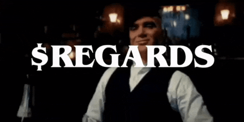 a man in a suit is holding a bottle and the word regards is above him