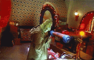 a pixelated image of a room with a mirror