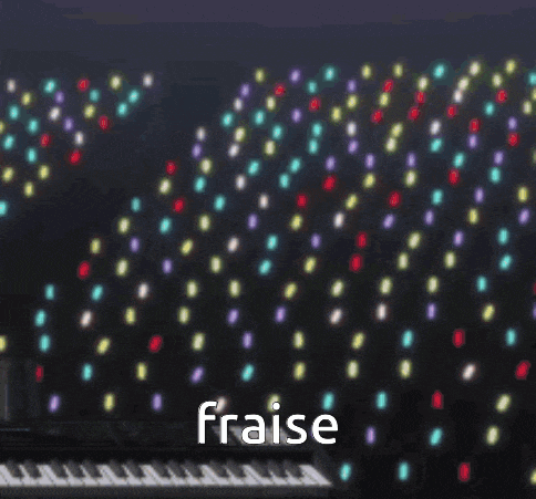 a girl with purple and white hair is standing in front of a piano with the word fraise on the bottom .