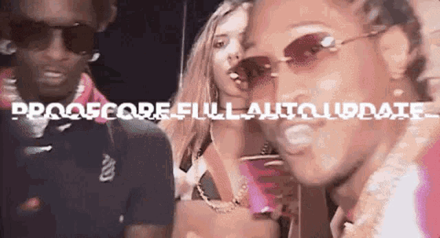 a group of people standing next to each other with the words " proofcore full auto update " on the screen