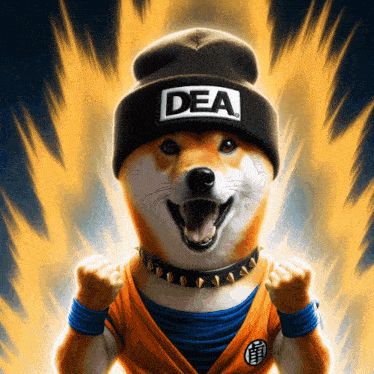 a dog is wearing a beanie that says dea on it