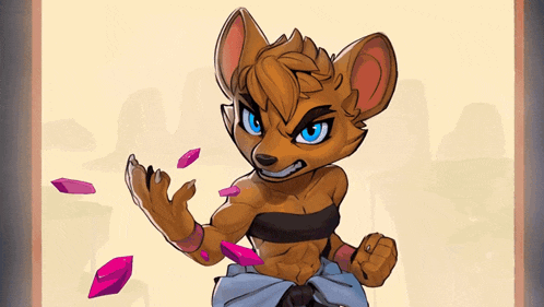 a cartoon drawing of a fox with blue eyes and a black top