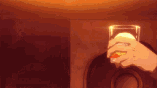 two people are holding glasses of whiskey with ice in them .