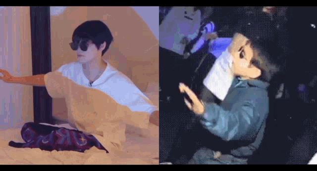 a man in sunglasses is sitting on a bed