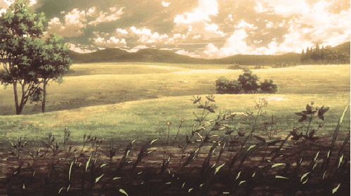 a painting of a field with flowers and trees