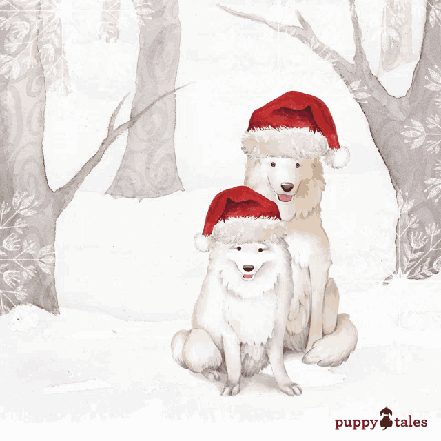 two dogs wearing santa hats with the words ho ho ho behind them