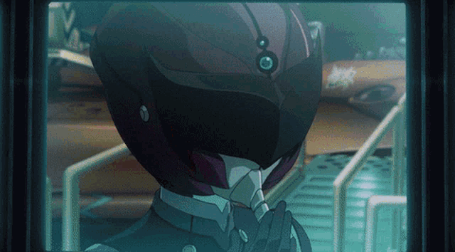 a cartoon character with a purple helmet and a mask on