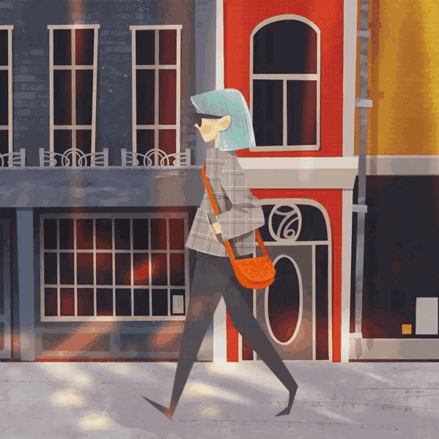 a cartoon drawing of a woman walking down the street