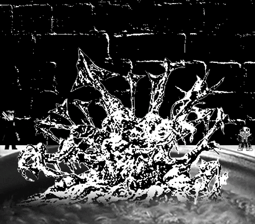 a black and white drawing of a monster with a brick wall behind it