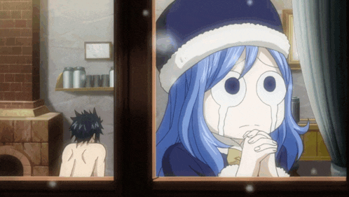 a girl with blue hair is looking out of a window and crying