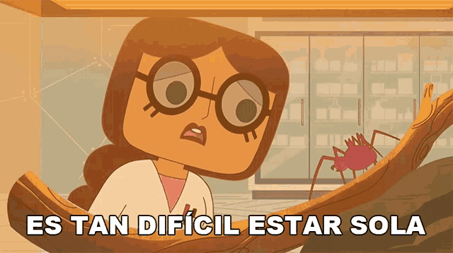 a cartoon of a woman looking at an ant with the words es tan dificil estar sola
