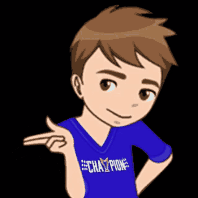 a boy wearing a blue shirt that says champion
