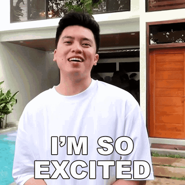 a man in a white shirt says " i 'm so excited "