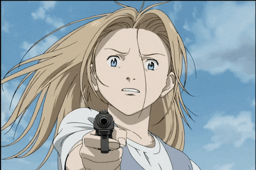 a woman with long hair is pointing a gun at the camera