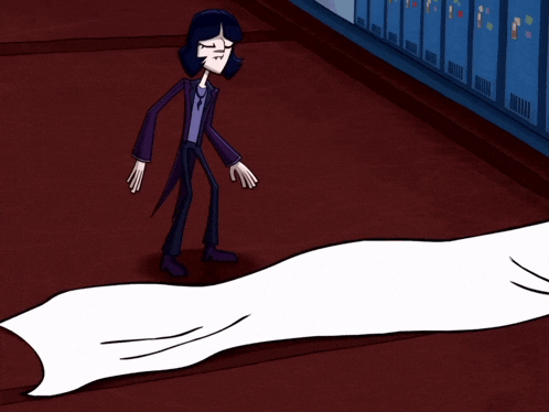 a cartoon character in a purple suit is standing on a red floor
