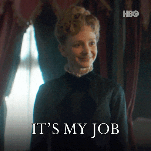 a woman says it 's my job in front of a hbo logo