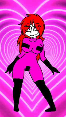 a cartoon drawing of a woman in a pink bodysuit standing in front of a pink heart