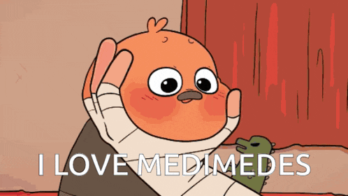 a cartoon character with a bandage on his arm says i love medimedes