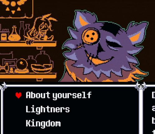a pixel art drawing of a purple and orange monster with the words about yourself lightners kingdom on the bottom