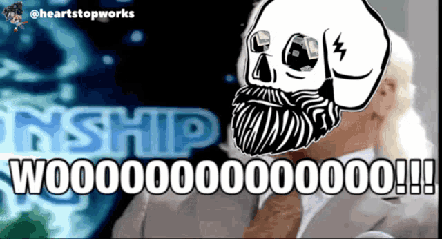 a cartoon of a man with a beard and a skull with the words " woooooo " written on it