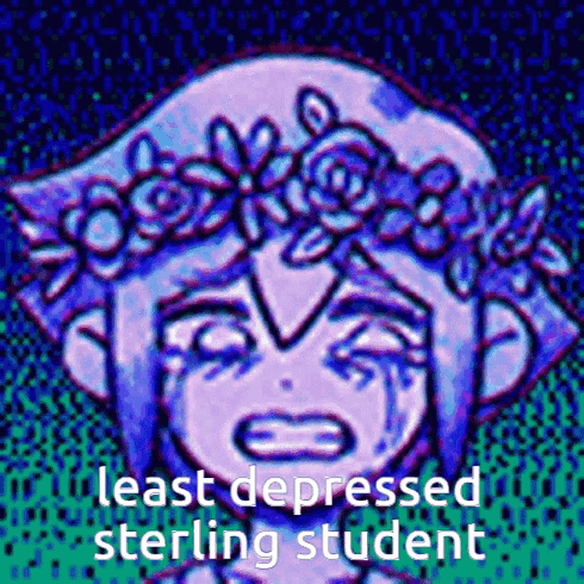 a drawing of a girl with a flower crown on her head with the words " least depressed sterling student "