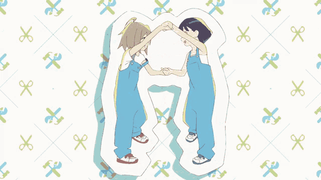 two anime girls are holding hands in a colorful cartoon