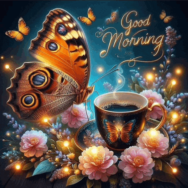 a butterfly sits on a cup of coffee with the words good morning written below it