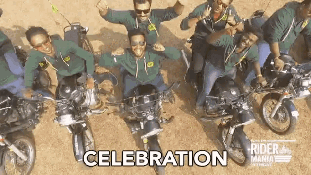 a group of people are riding motorcycles and the word celebration is on the screen