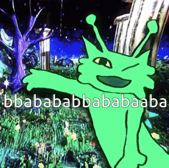 a cartoon drawing of a green alien with the words bbabababbababaaba written below it