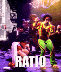 a man in a colorful outfit is dancing in front of a crowd with the word ratio below him