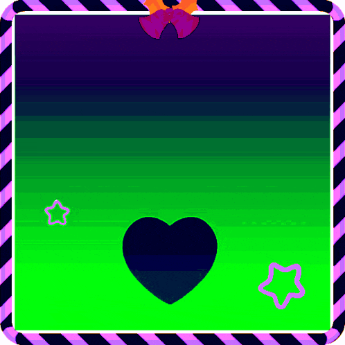 a green and purple background with a heart and stars
