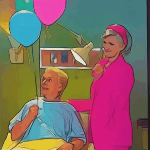 a woman in a pink robe talks to a man in a hospital bed