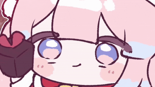 a drawing of a girl with pink hair and blue eyes holding a heart shaped box
