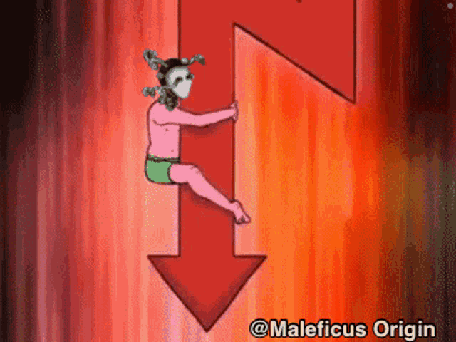 a cartoon character is holding a red arrow pointing down with the words maleficus origin at the bottom