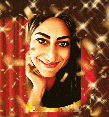a painting of a smiling woman surrounded by confetti and stars