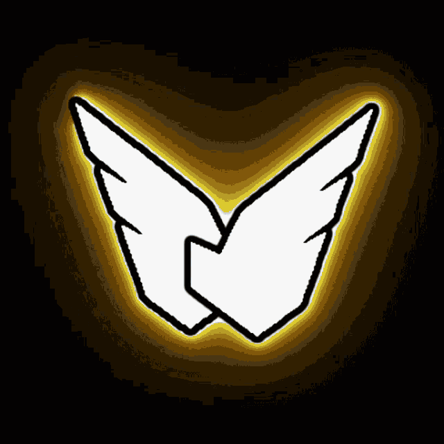a pair of white wings on a black background with a yellow light behind them